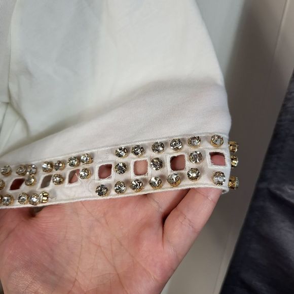 MAJE Whote Rhinestone Sleeve Relaxed Fit Crew Neck Tee Size 2 - Picture 4 of 5